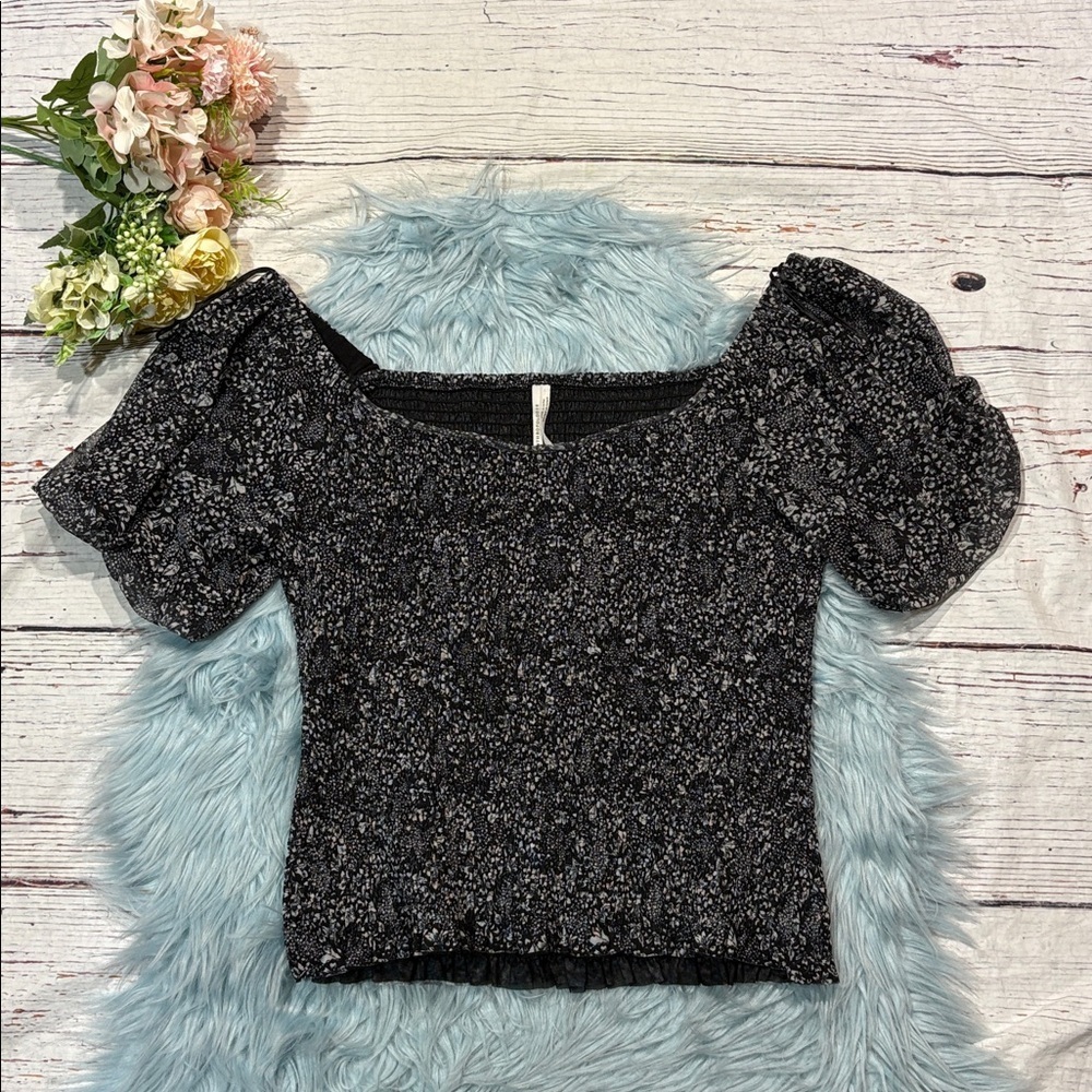 Anthropologie Aurelia floral printed smocked mesh black white top - Picture 2 of 9
